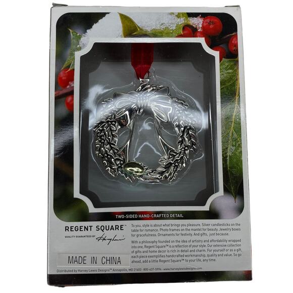 Regent Square Silver Plated Wreath Ornament W/ Swarovski Crystal- New In Box - Picture 3 of 7